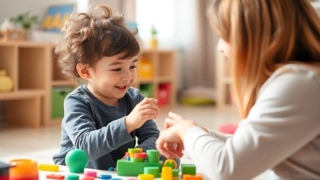 Child playing with colorful blocks with adult in bright room