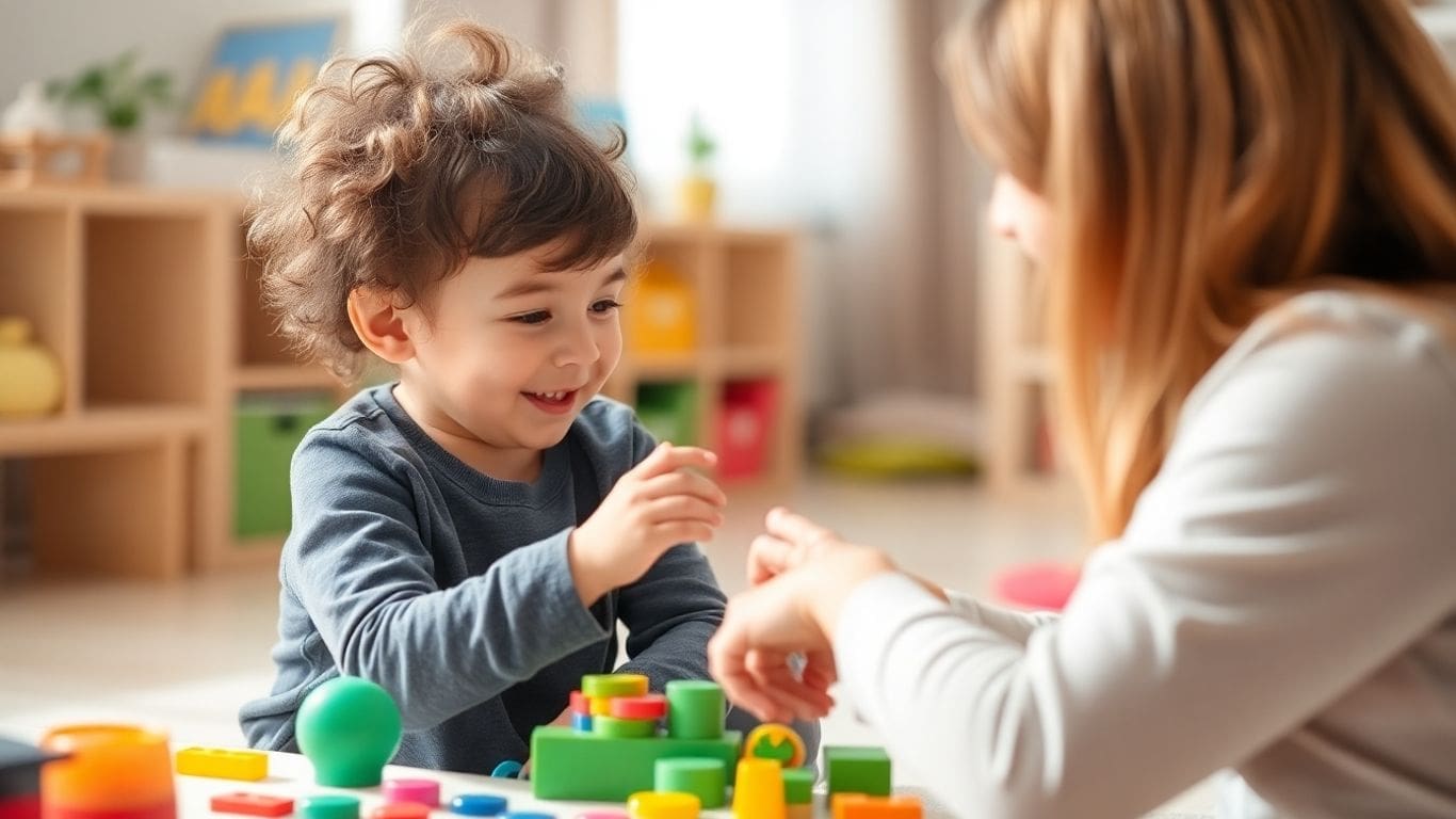 Child playing with colorful blocks with adult in bright room