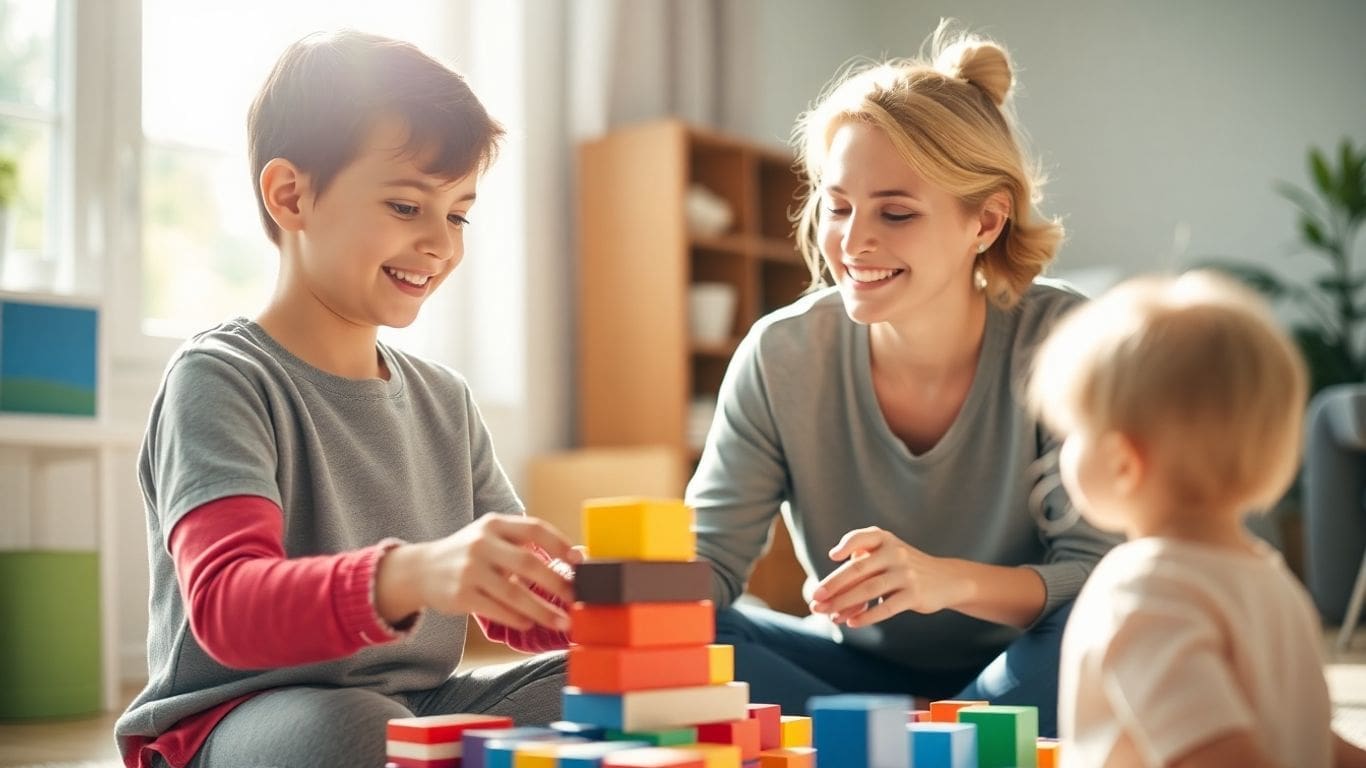 Smiling child and woman building block tower in sunny room
