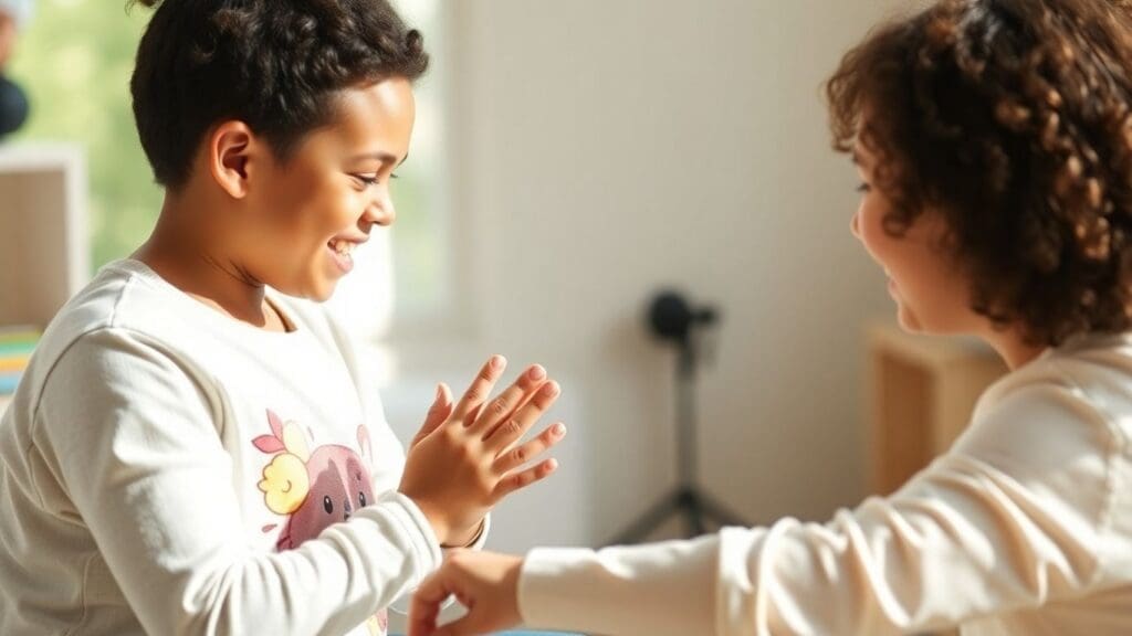 two children smiling and clapping hands indoors