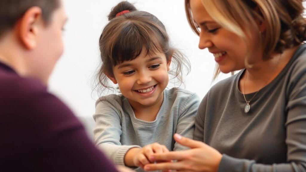 Smiling child with two adults during a therapy session