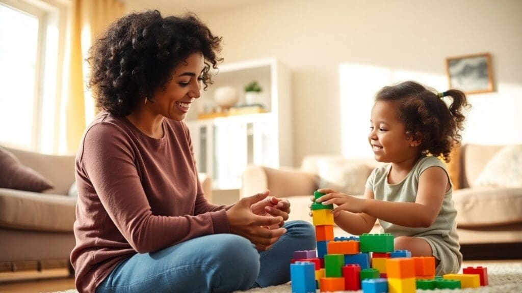 Mother and child playing with colorful blocks in living room