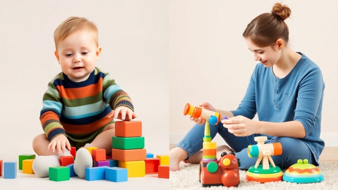 Toddler and older child playing with colorful educational toys