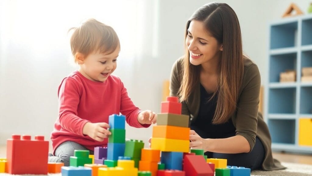 smiling woman and child playing with colorful blocks