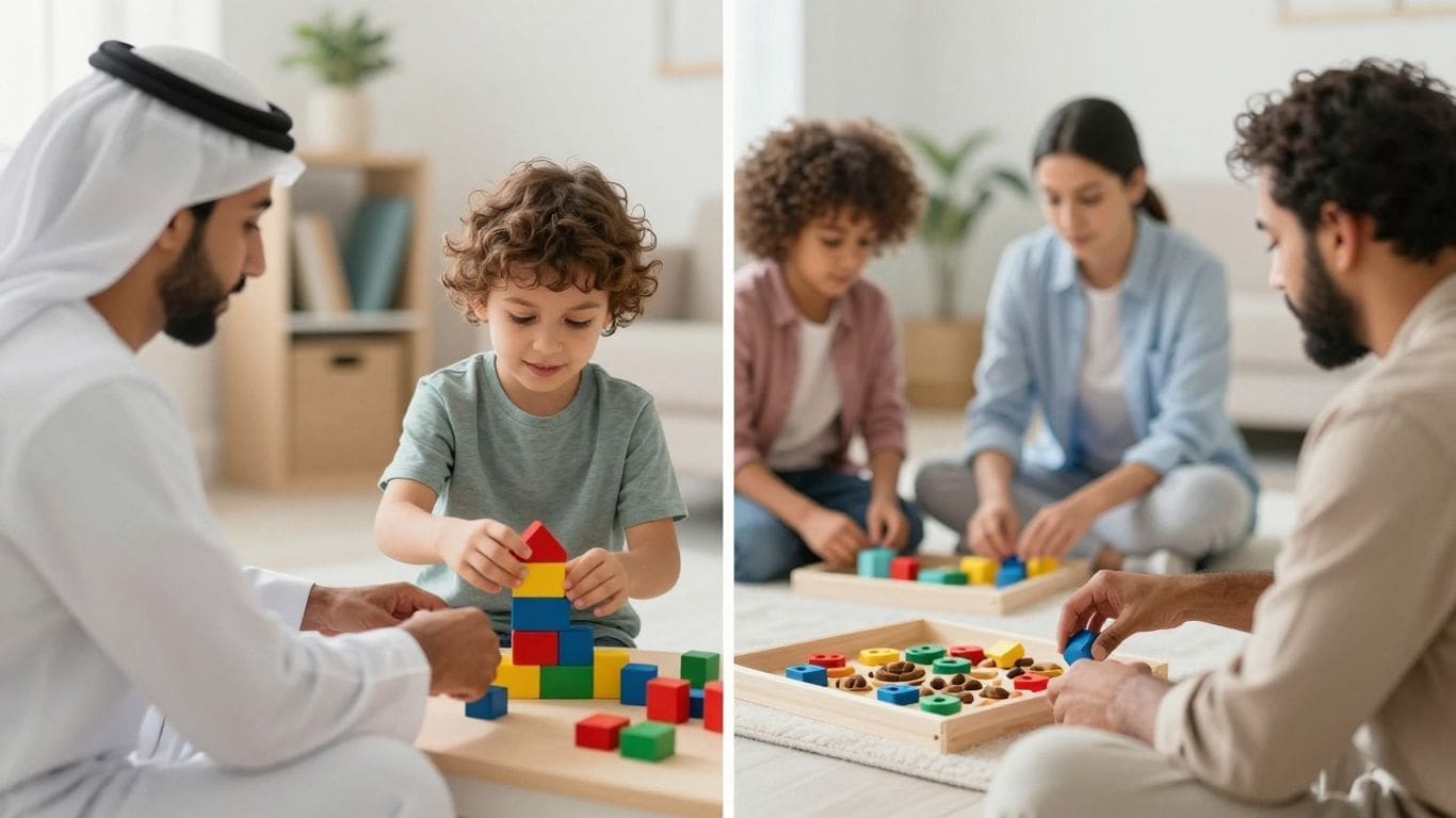 Children and adults playing with colorful building blocks indoors