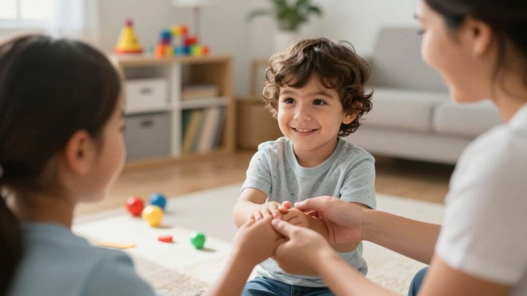 Smiling boy holding hands with two people in living room