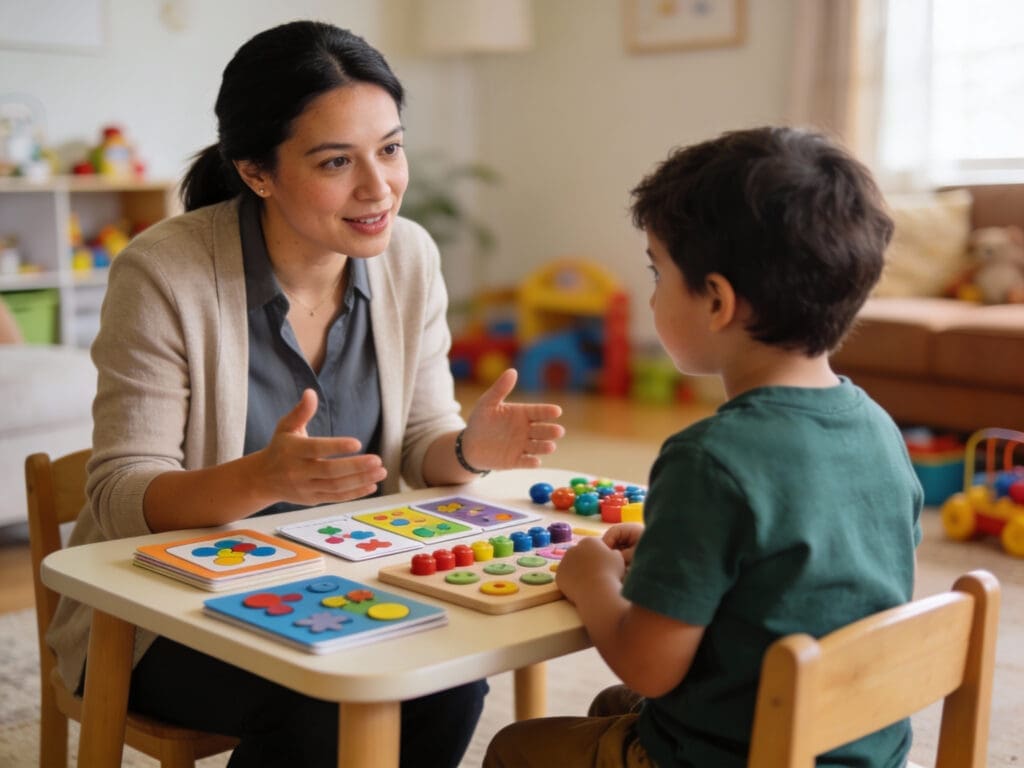 Therapist and child engaged in educational activity at table