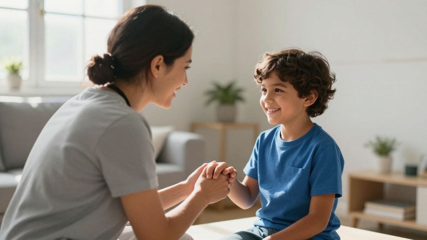 smiling woman holding hands with happy boy in blue shirt