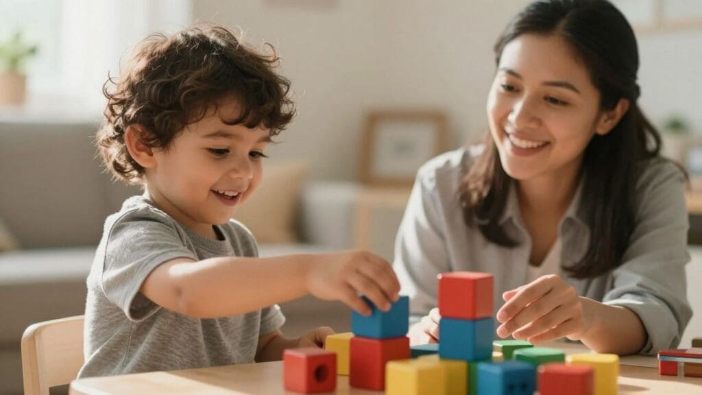 smiling child and woman playing with colorful blocks
