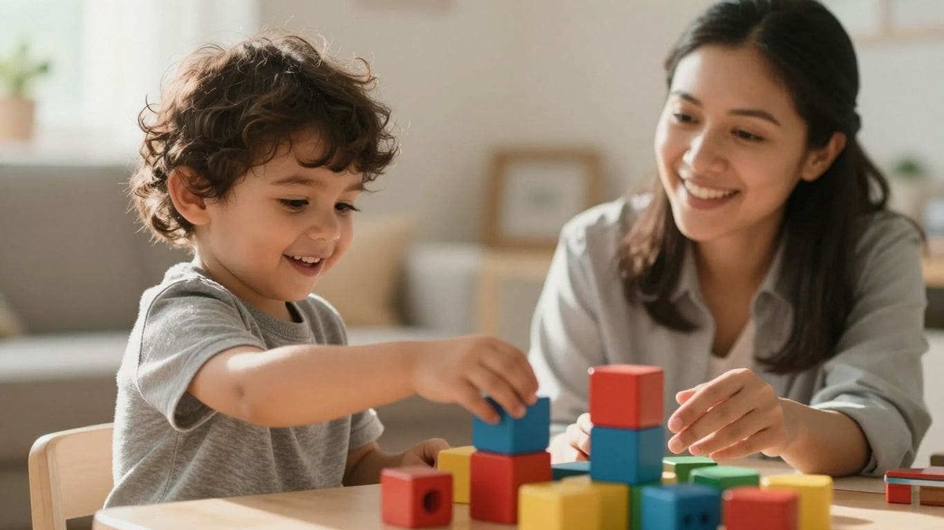 smiling child and woman playing with colorful blocks