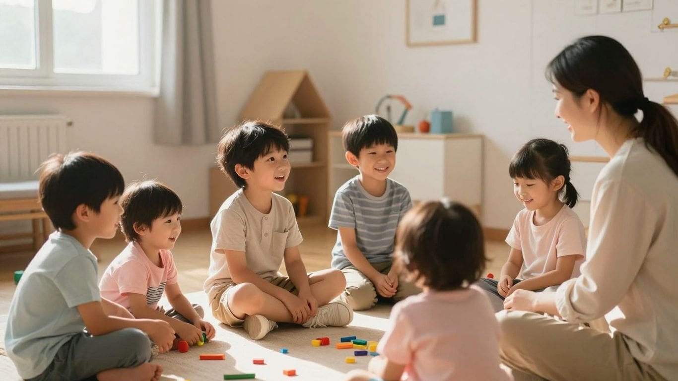 children sitting in circle with teacher playing with blocks