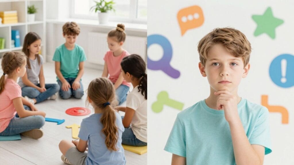 children sitting in circle and boy thinking with icons