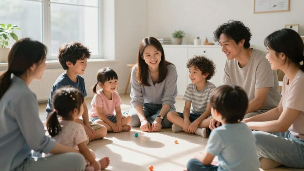 Group of adults and children sitting in a circle indoors