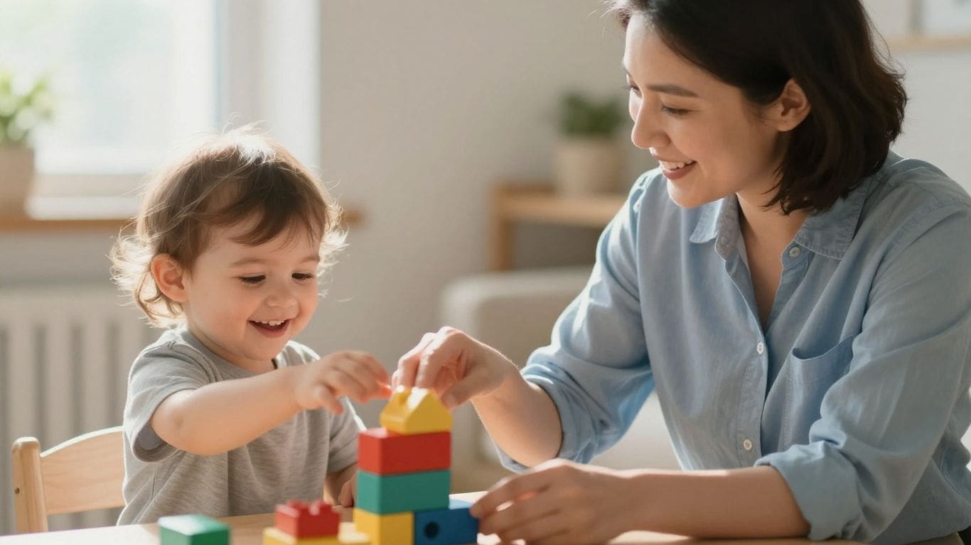 mother and child playing with colorful building blocks