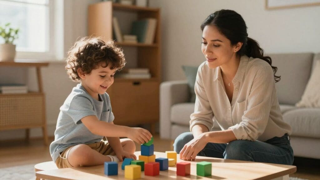 Mother and child playing with colorful blocks on table