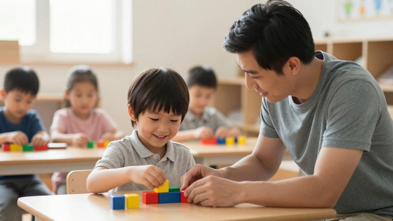 Teacher helping child build with colorful blocks in classroom