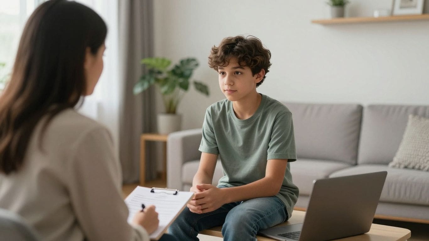 Therapist talking to young boy in living room