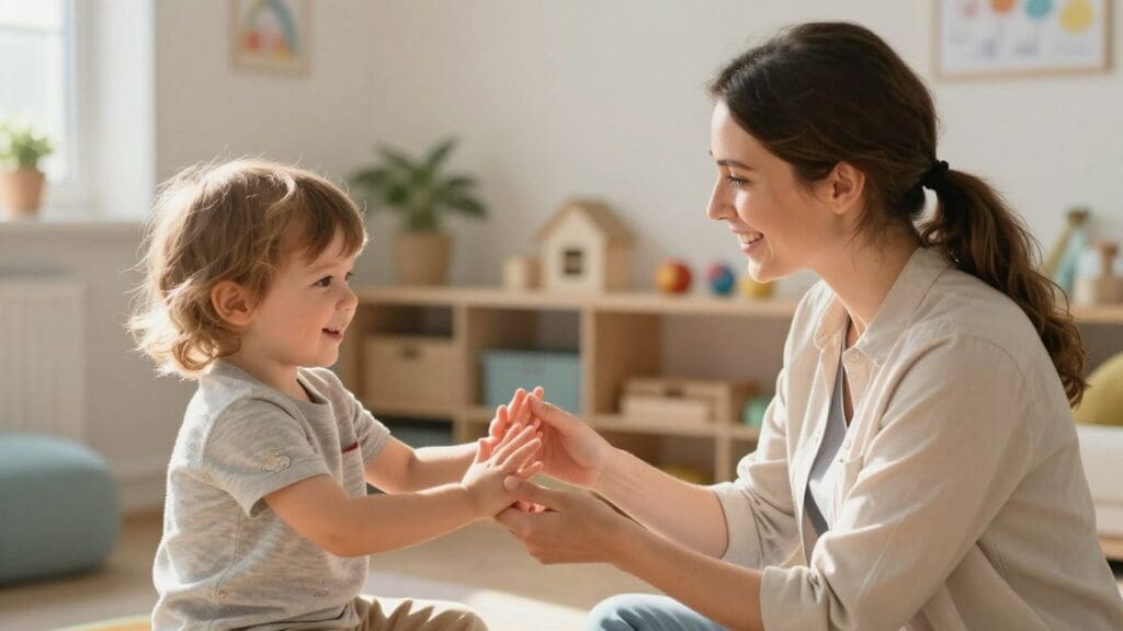 Smiling woman playing with toddler in bright room