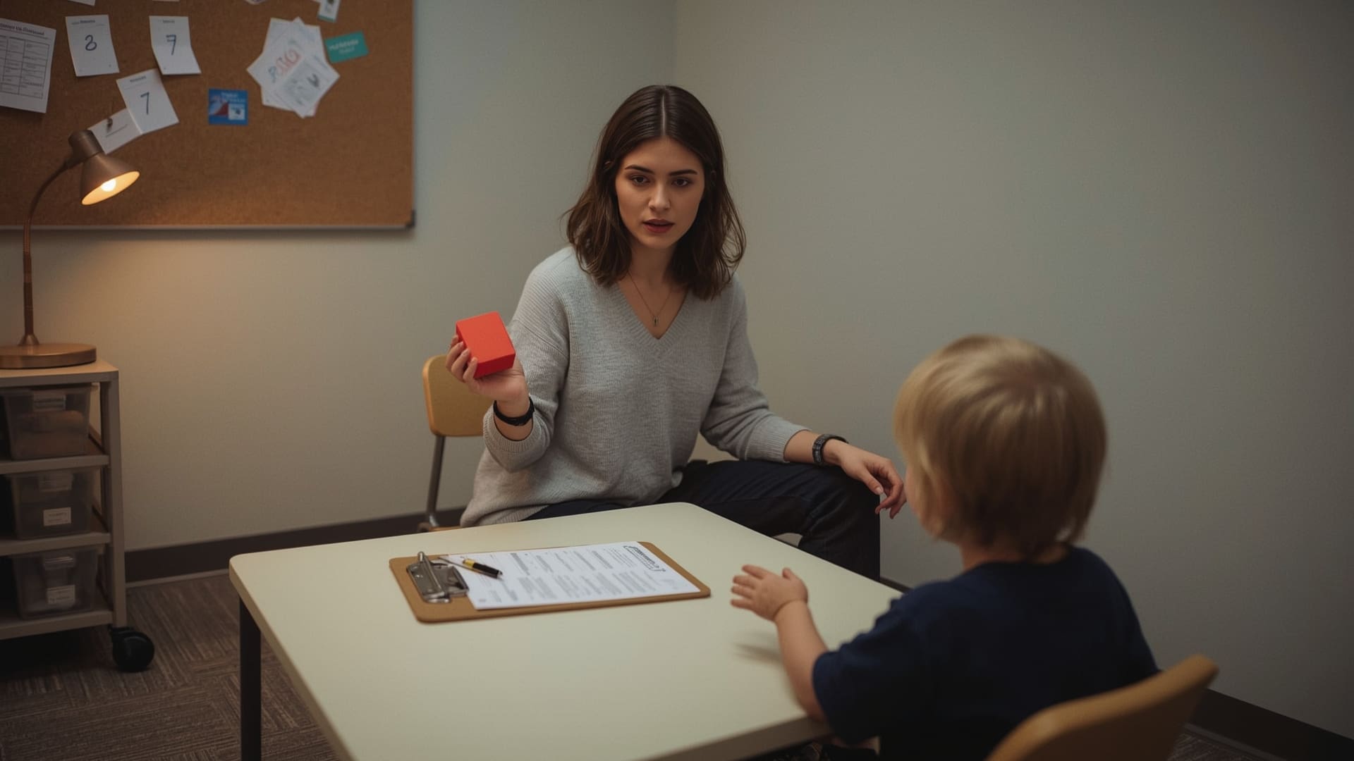 ABA therapist using discrete trial training with young child at therapy table