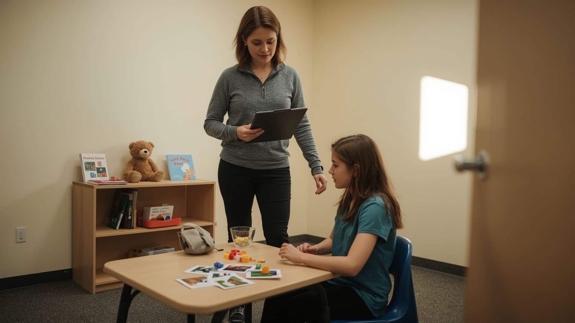 BCBA clinician observing and guiding a behavior technician during a pediatric therapy session