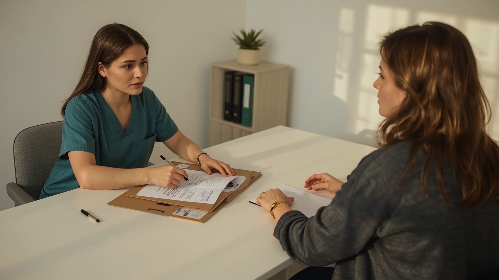 BCBA clinician reviewing ABA therapy prior authorization documents with parent