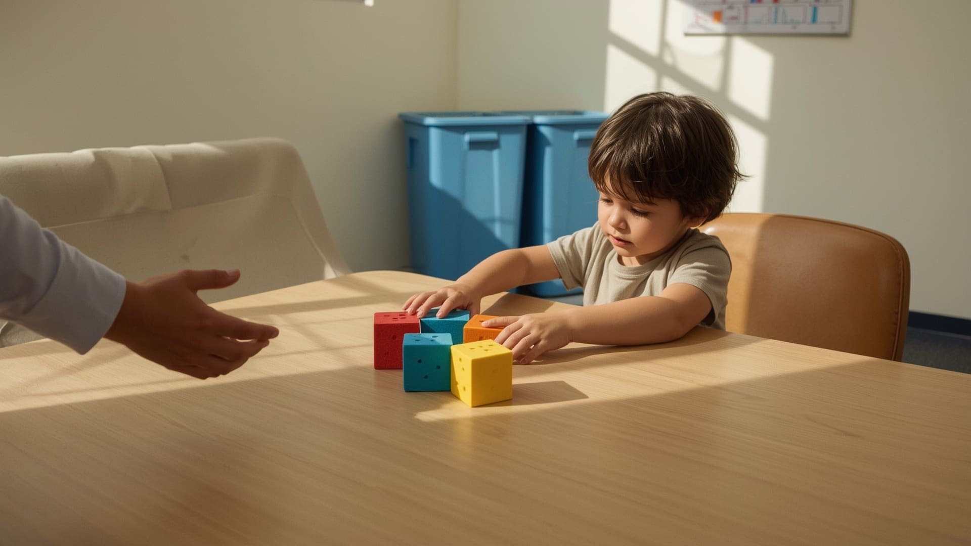 Child playing with colorful blocks at table