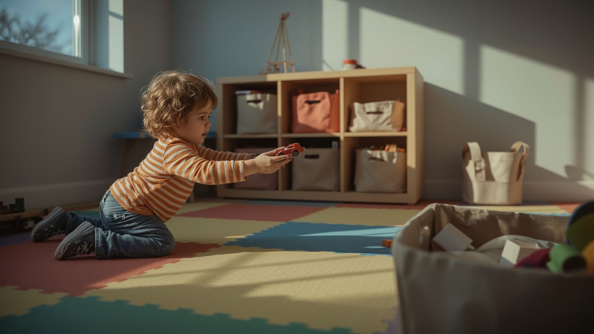 Child reaching for toy car during natural environment teaching ABA therapy session