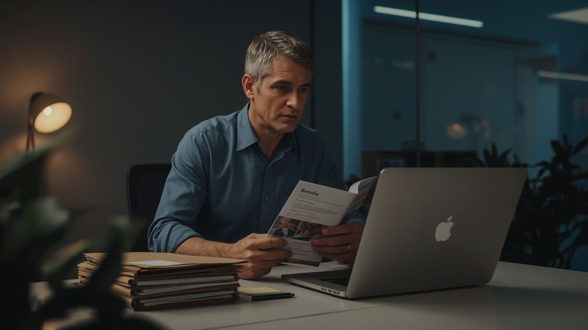 Employee reviewing employer self-funded health plan benefits brochure at office desk