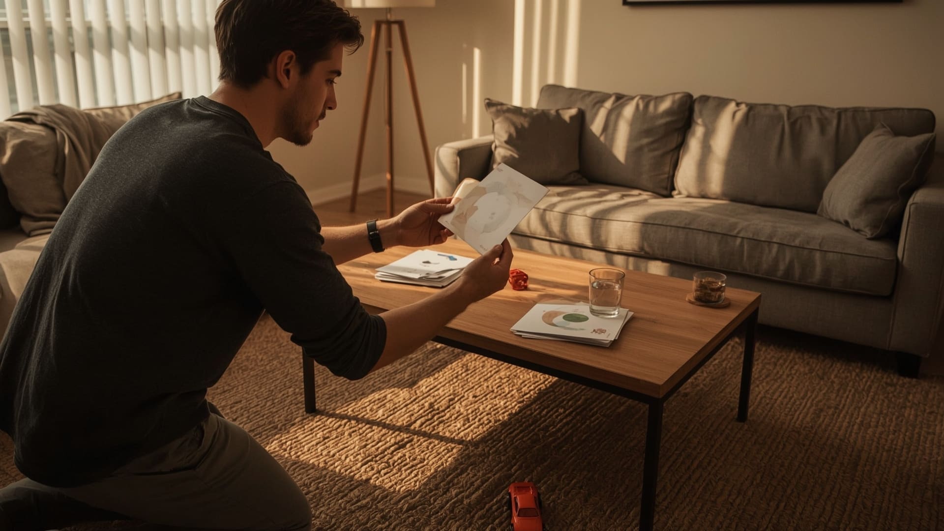 Father holding picture communication card for toddler during at-home autism intervention practice