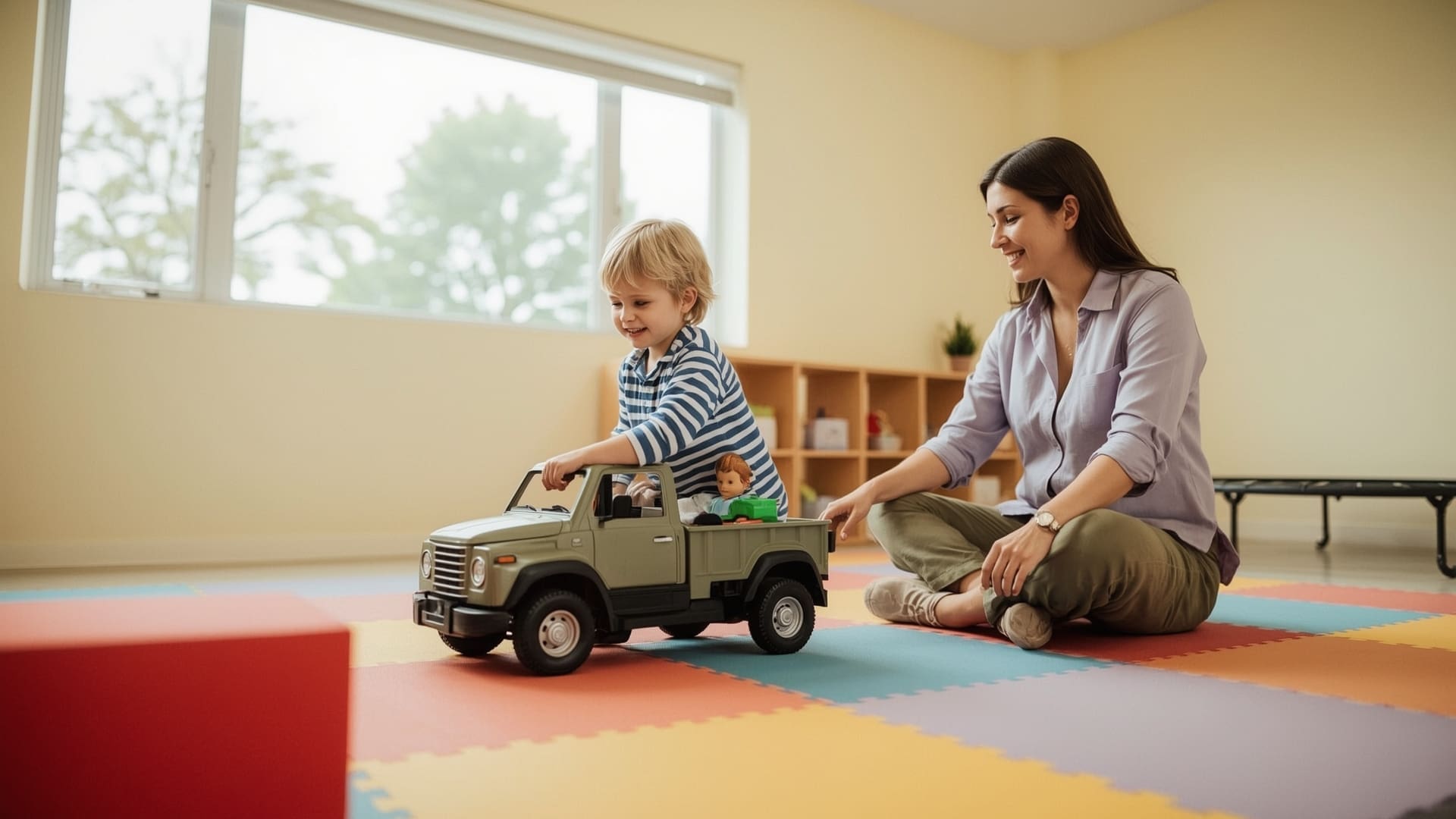 Laughing child and therapist playing with toy truck during naturalistic autism therapy session