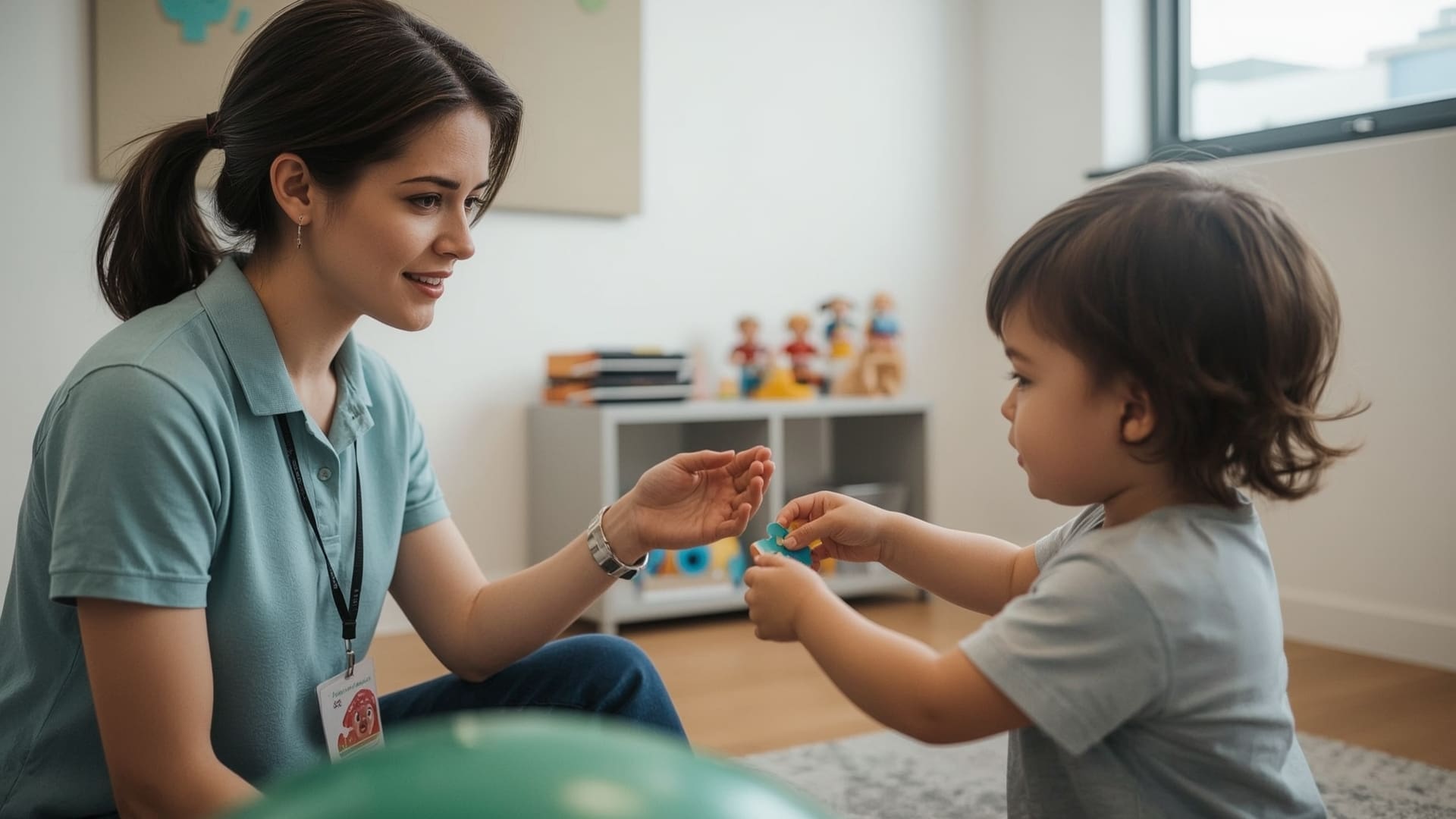 Therapist and young child exchanging puzzle piece during play-based autism therapy session
