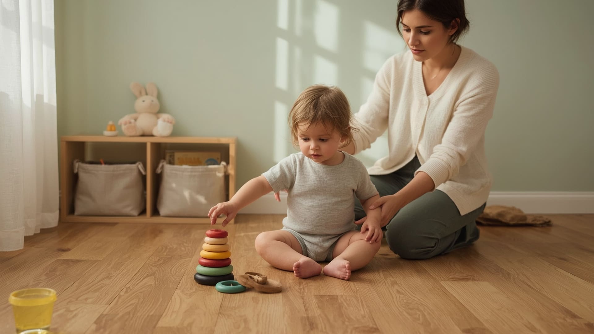 Toddler reaching for wooden stacking toy during guided early intervention play session