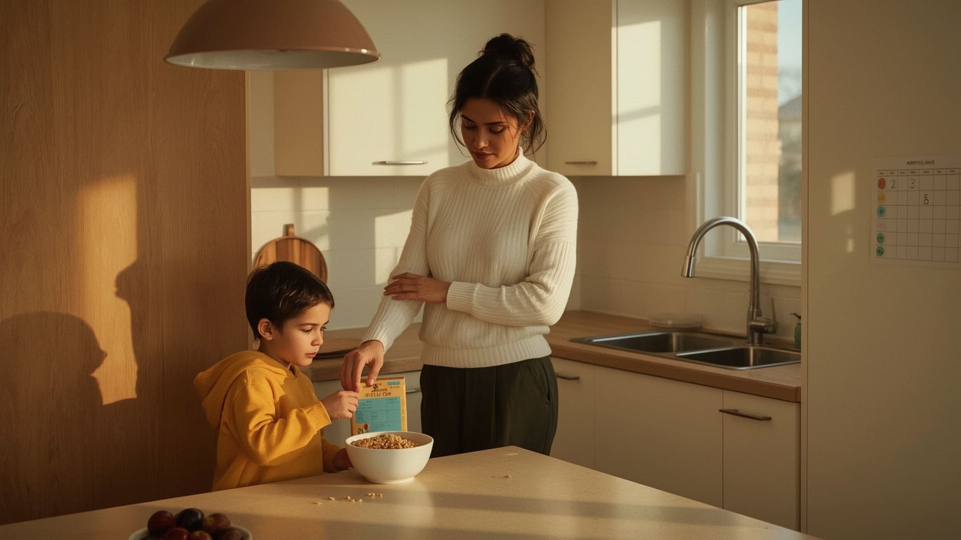 Caregiver stepping back while child with autism completes independent morning routine at home
