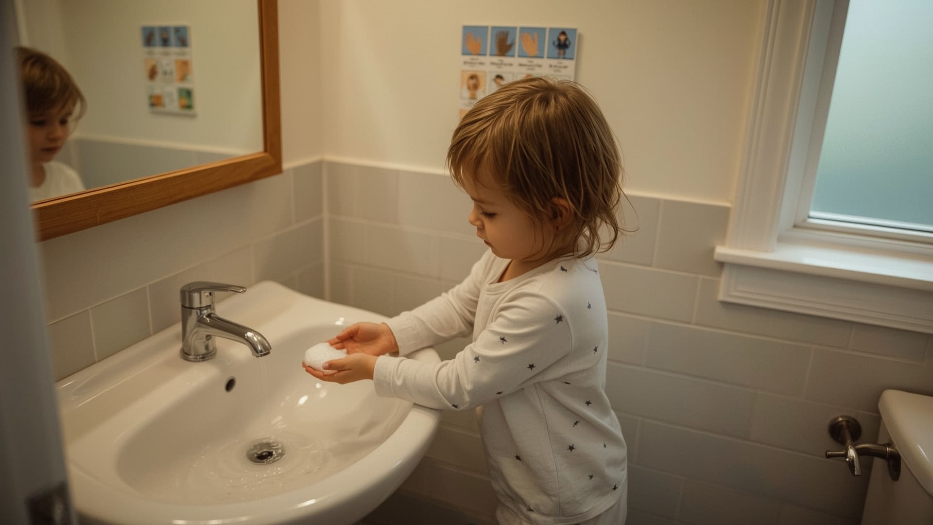 Child with autism learning independent handwashing using visual step-by-step supports