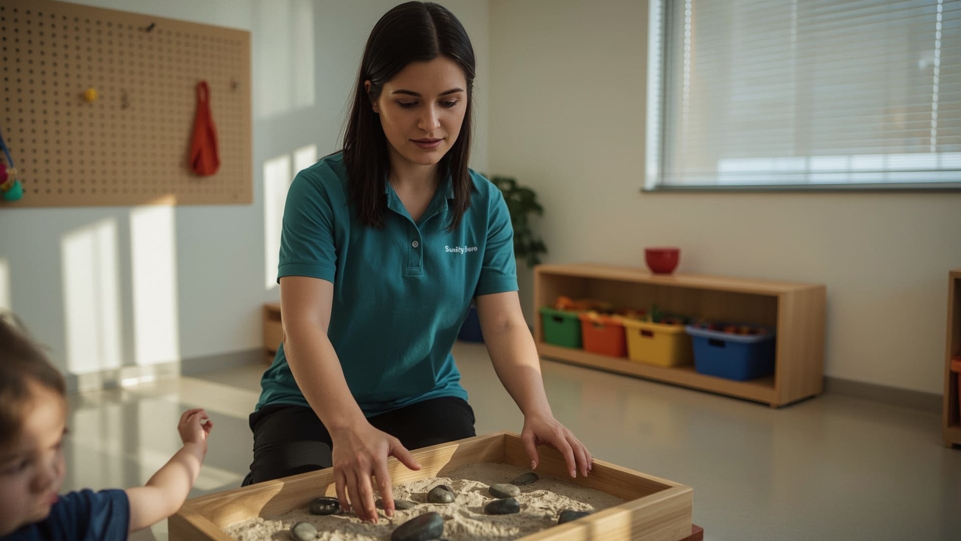 Occupational therapist guiding young child through sensory activity in therapy room