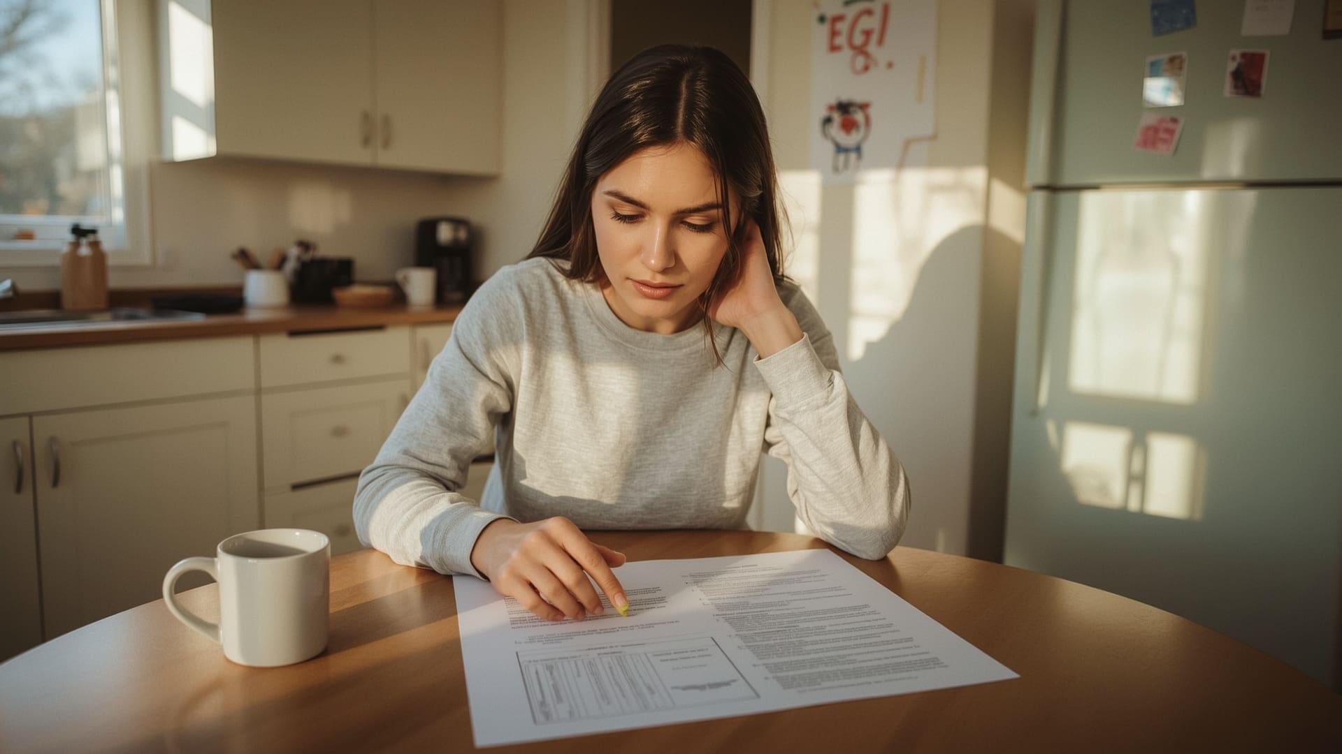 Parent reviewing autism diagnosis paperwork at kitchen table after receiving results