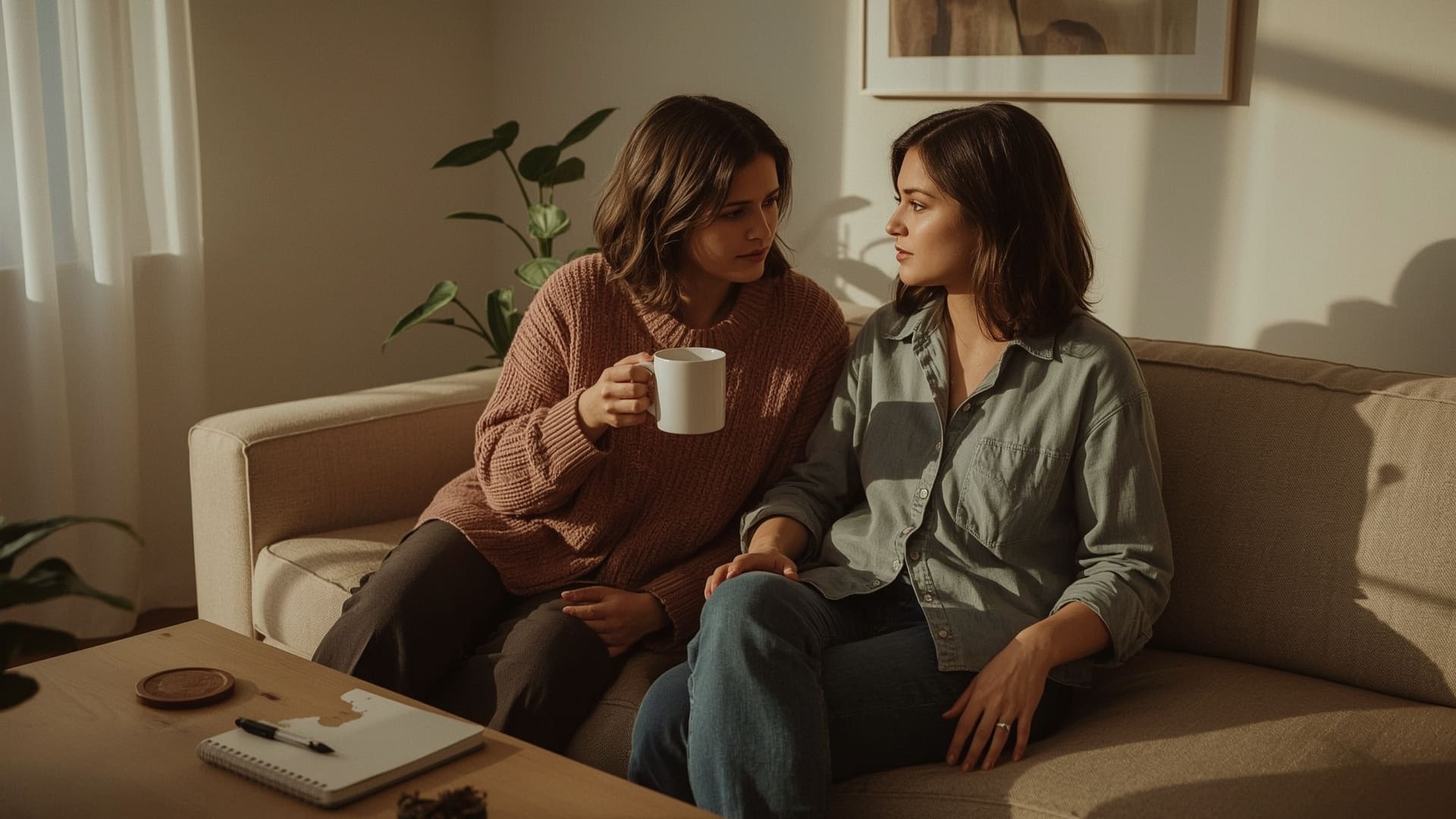 Two mothers sharing emotional support conversation on sofa after autism diagnosis