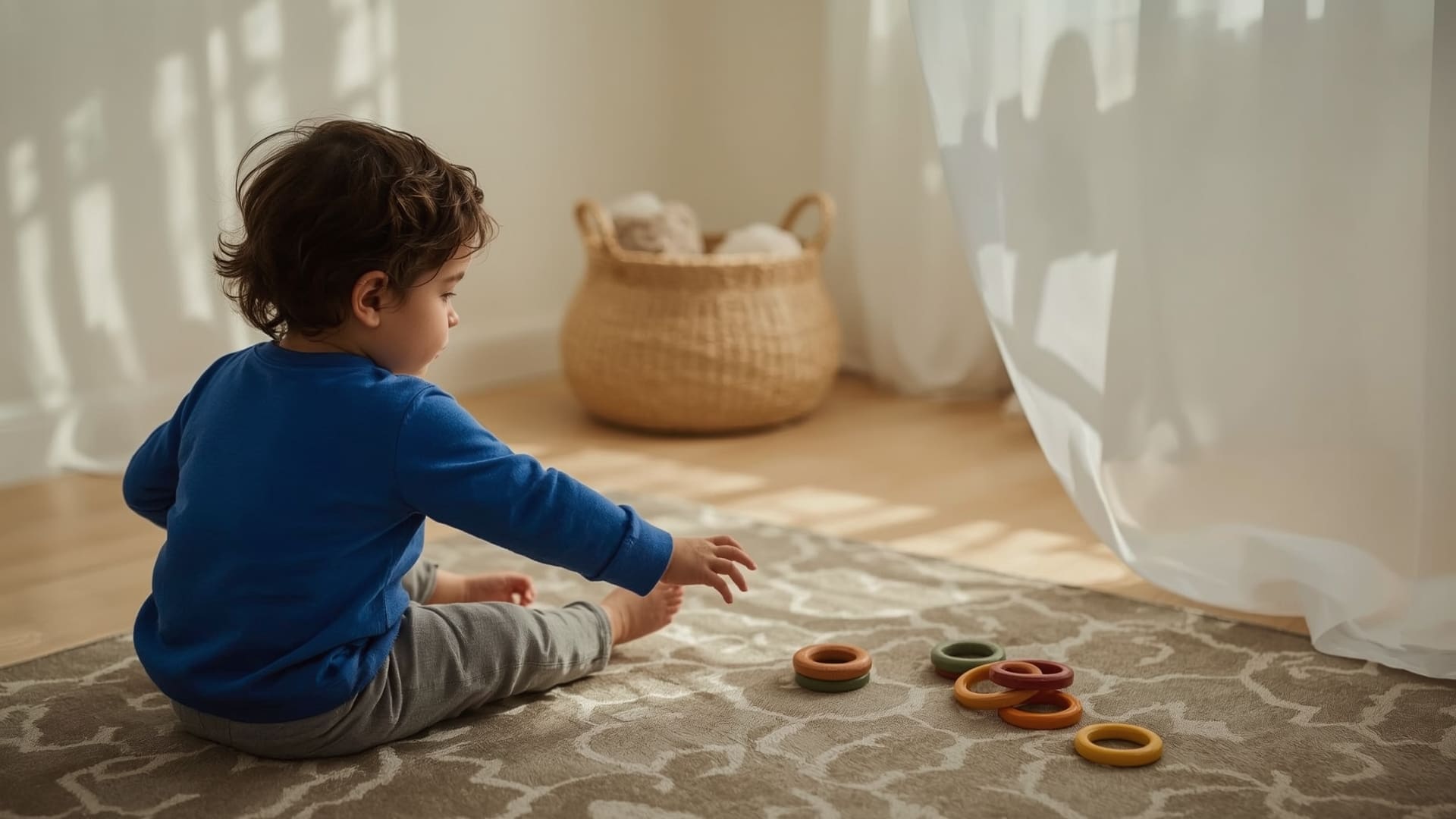 Young child stacking wooden rings during early intervention therapy session at home