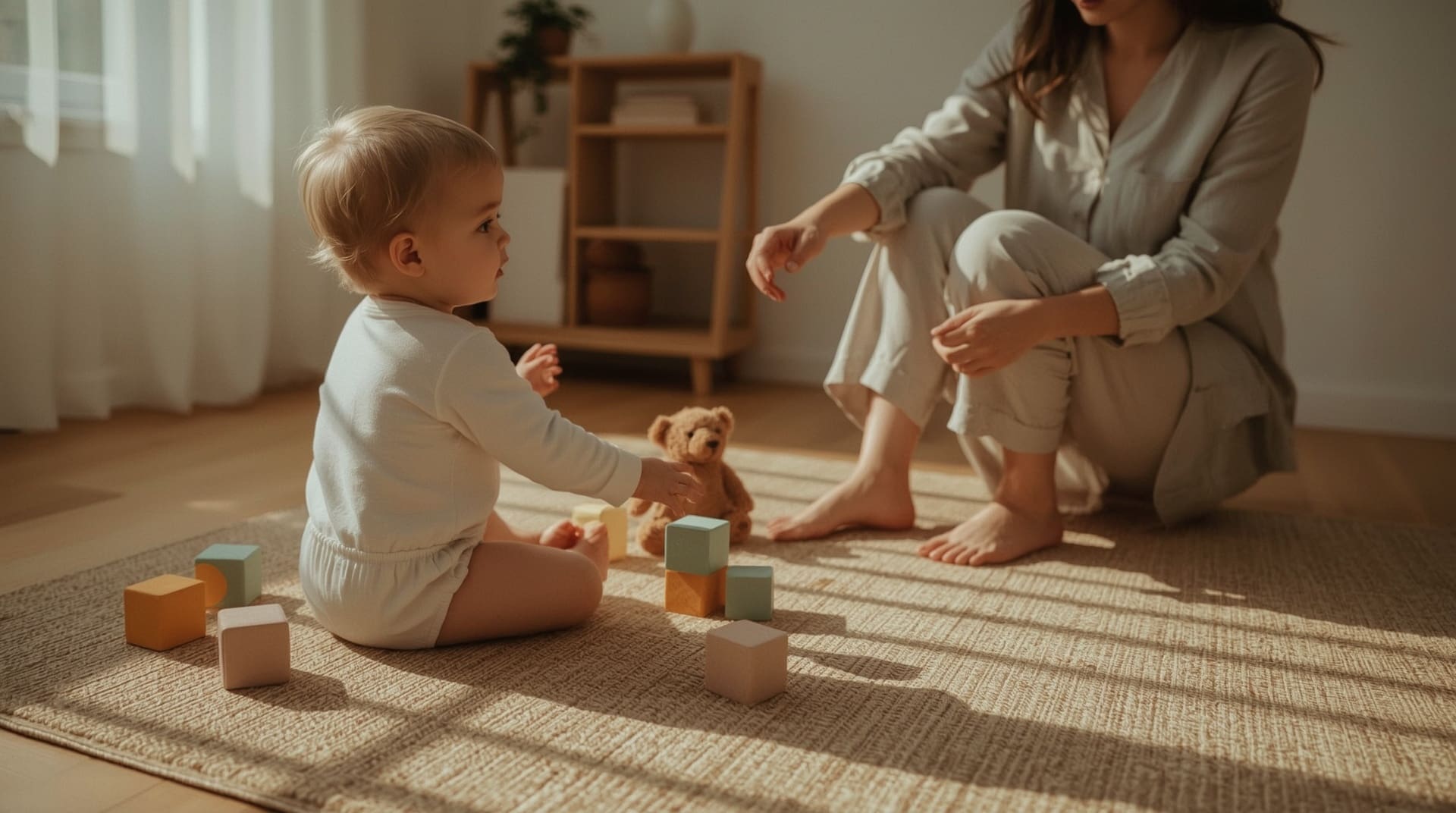 toddler avoiding eye contact with caregiver during play on wooden floor