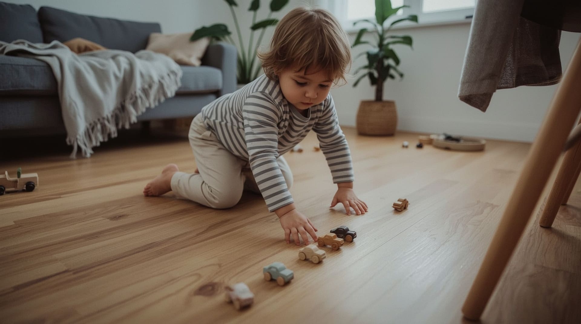 toddler carefully lining up toy cars in a row on hardwood floor
