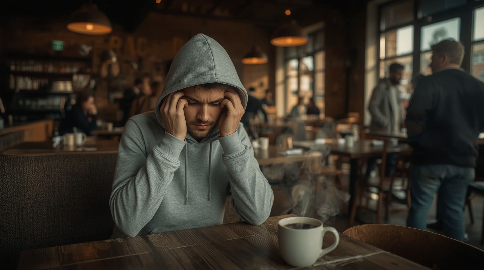 Adult sitting alone in noisy cafe appearing overwhelmed by surrounding sensory stimulation