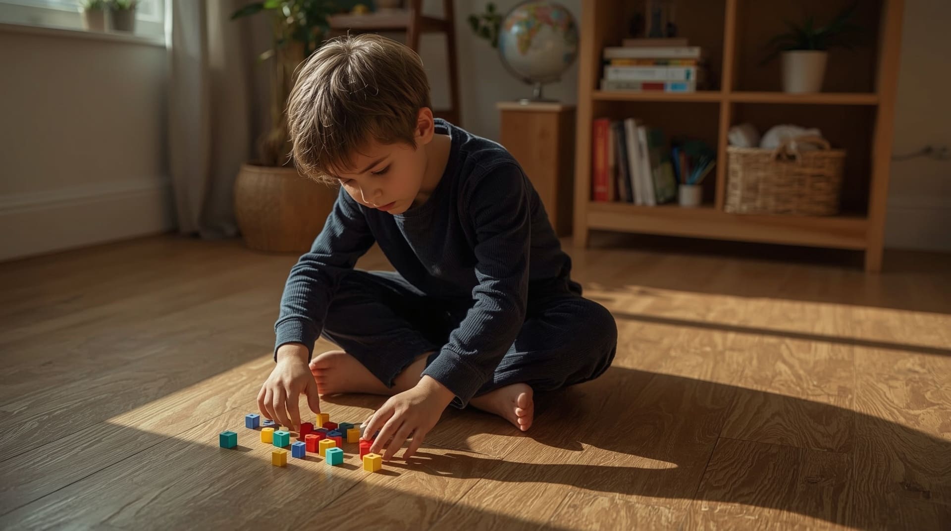 Autistic child deeply focused on building blocks demonstrating benefits of restricted interests