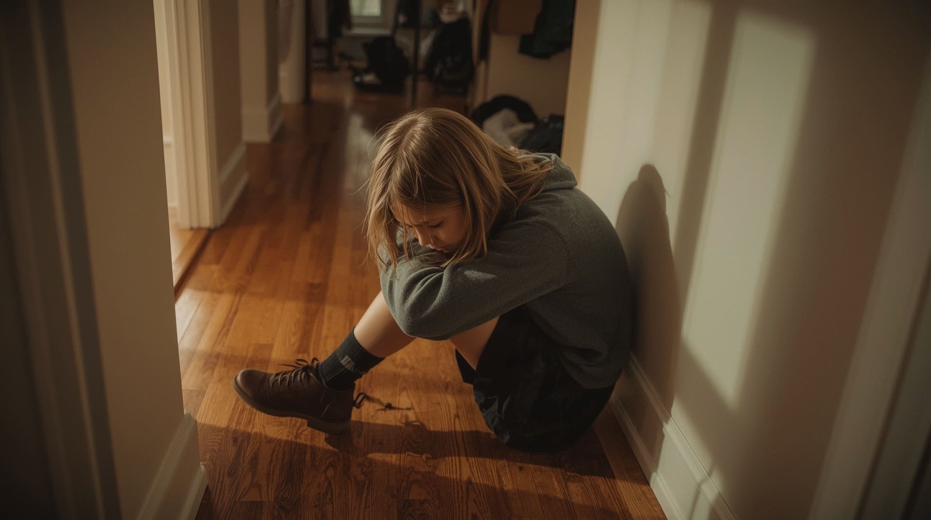Autistic girl emotionally decompressing on home hallway floor after school day