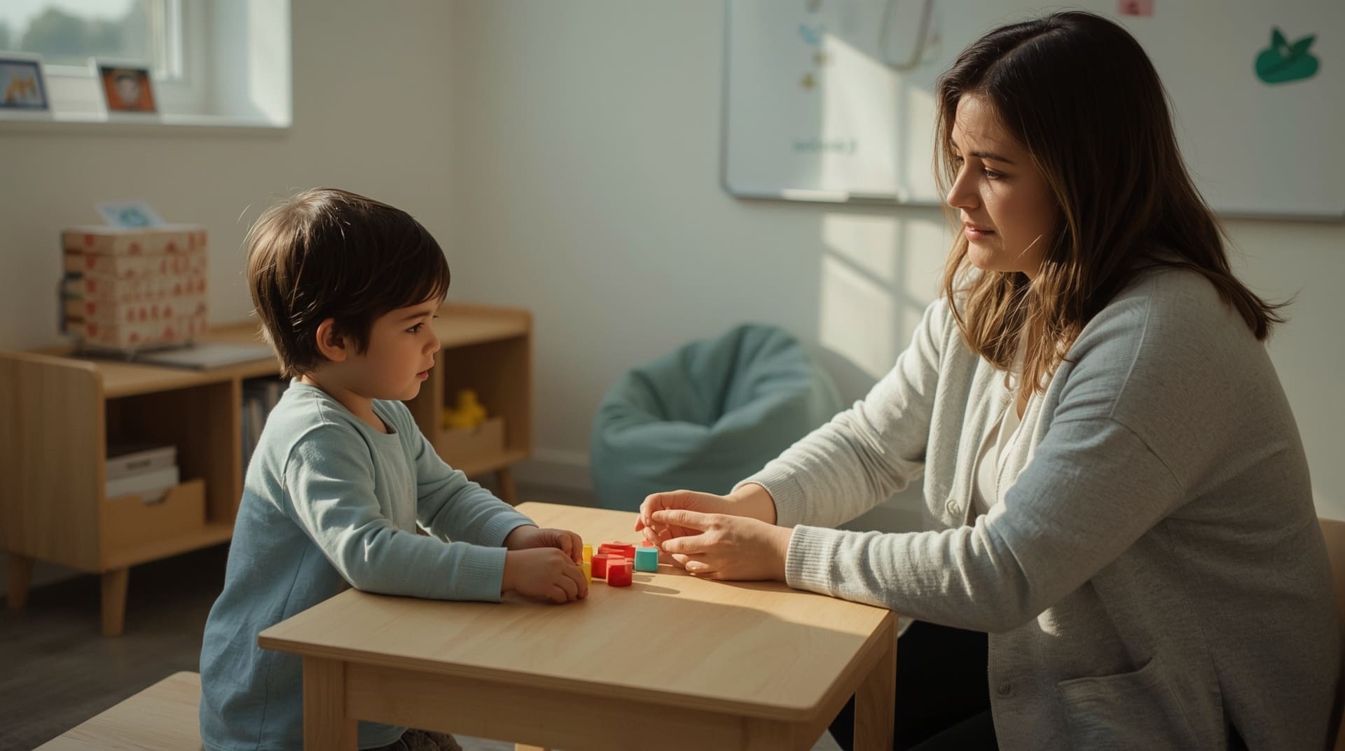 Child and therapist engaged in hands-on ABA therapy session in a warm therapy room