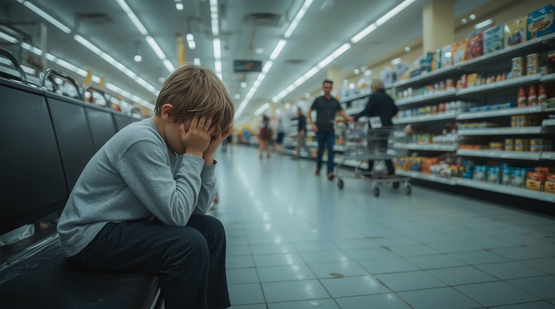 Child covering ears during sensory overload in a bright overwhelming grocery store aisle