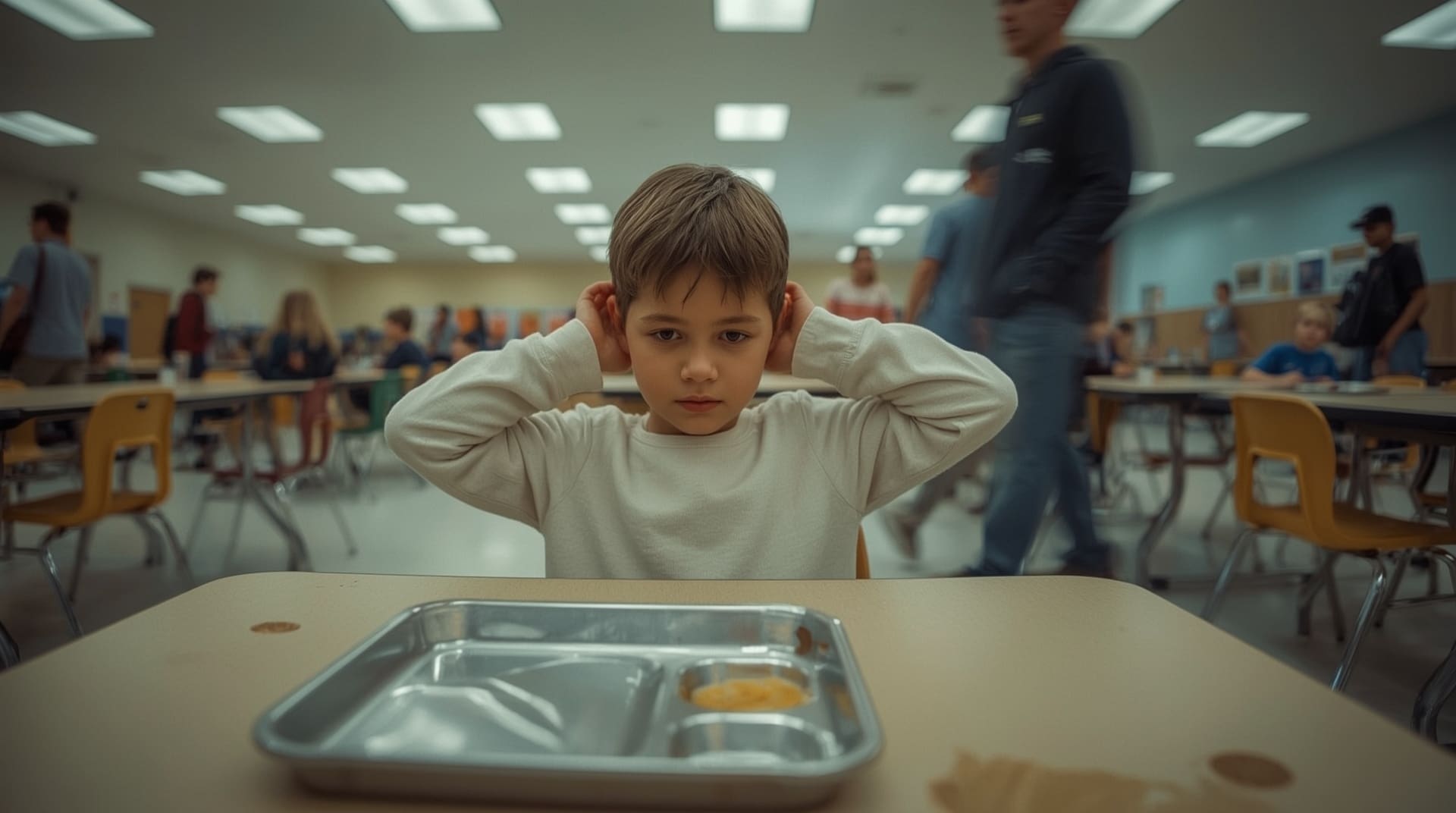 Child covering ears in loud school cafeteria showing sensory sensitivity signs