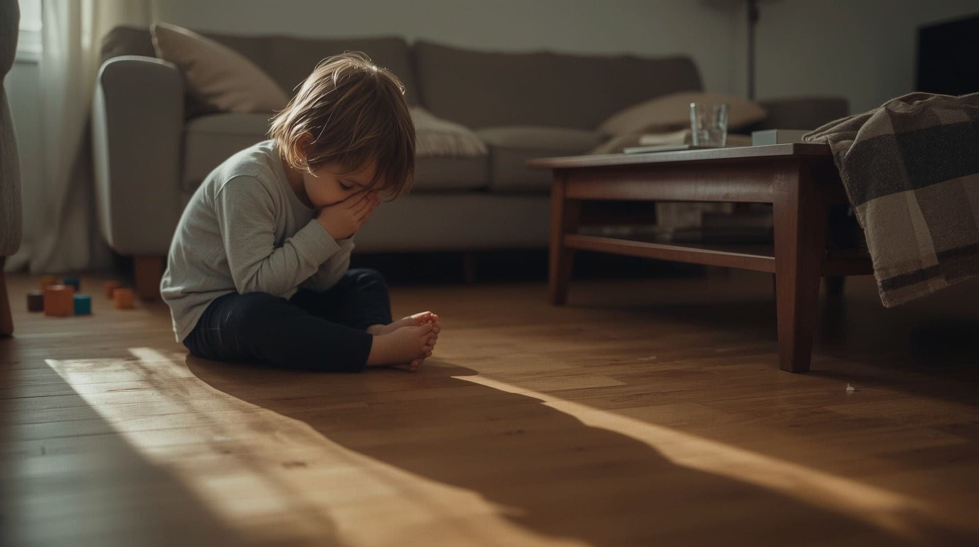 Child sitting alone on floor at home showing emotional regulation challenges in level 1 autism