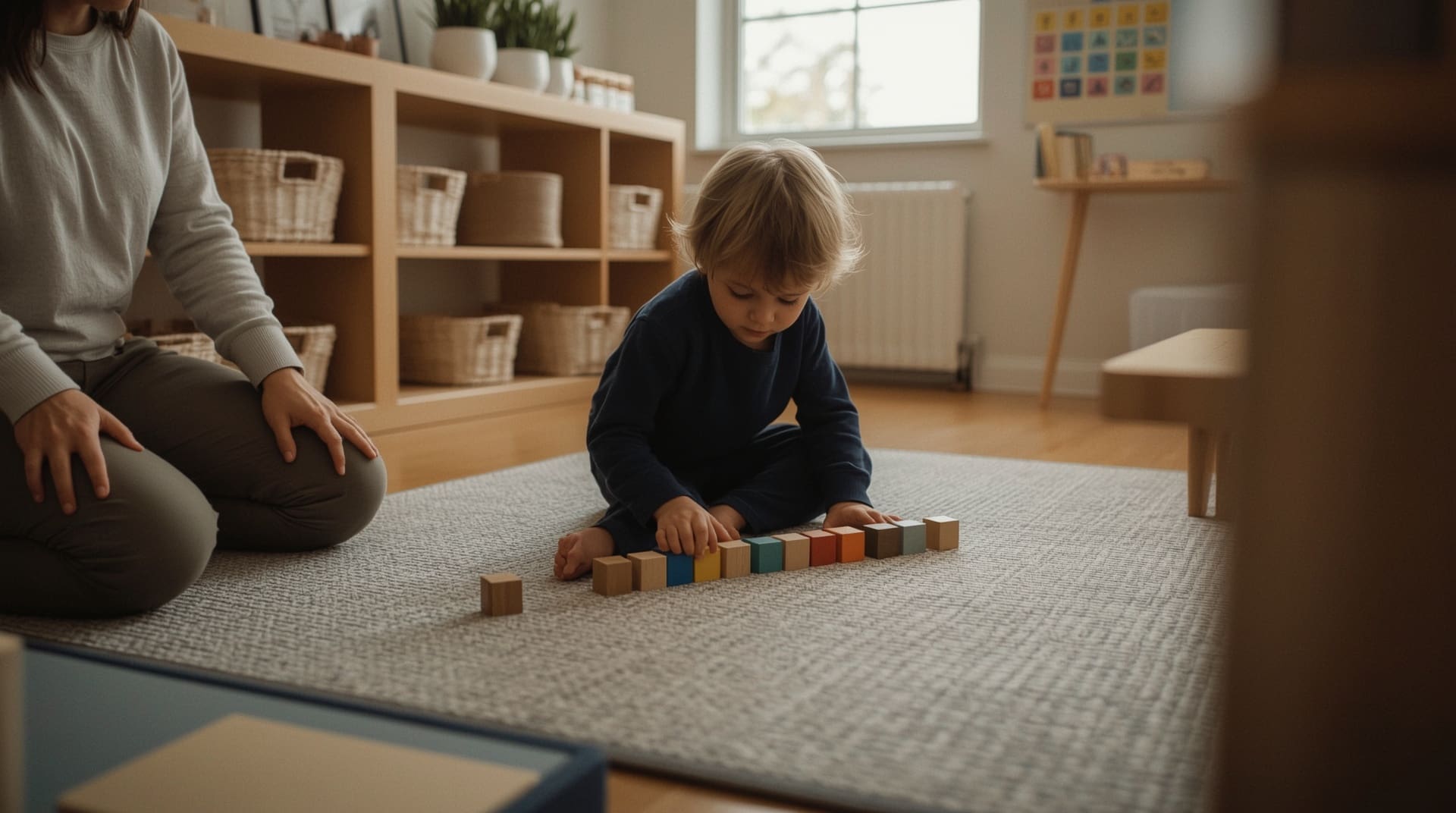 Child with Level 2 autism arranging blocks while caregiver offers quiet support