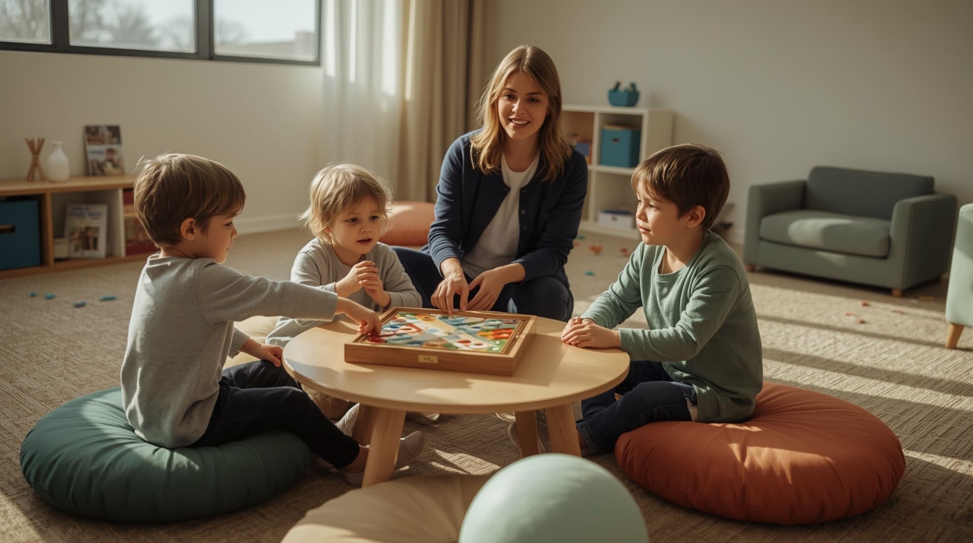 Children practicing social skills in a supervised ABA therapy group playroom setting