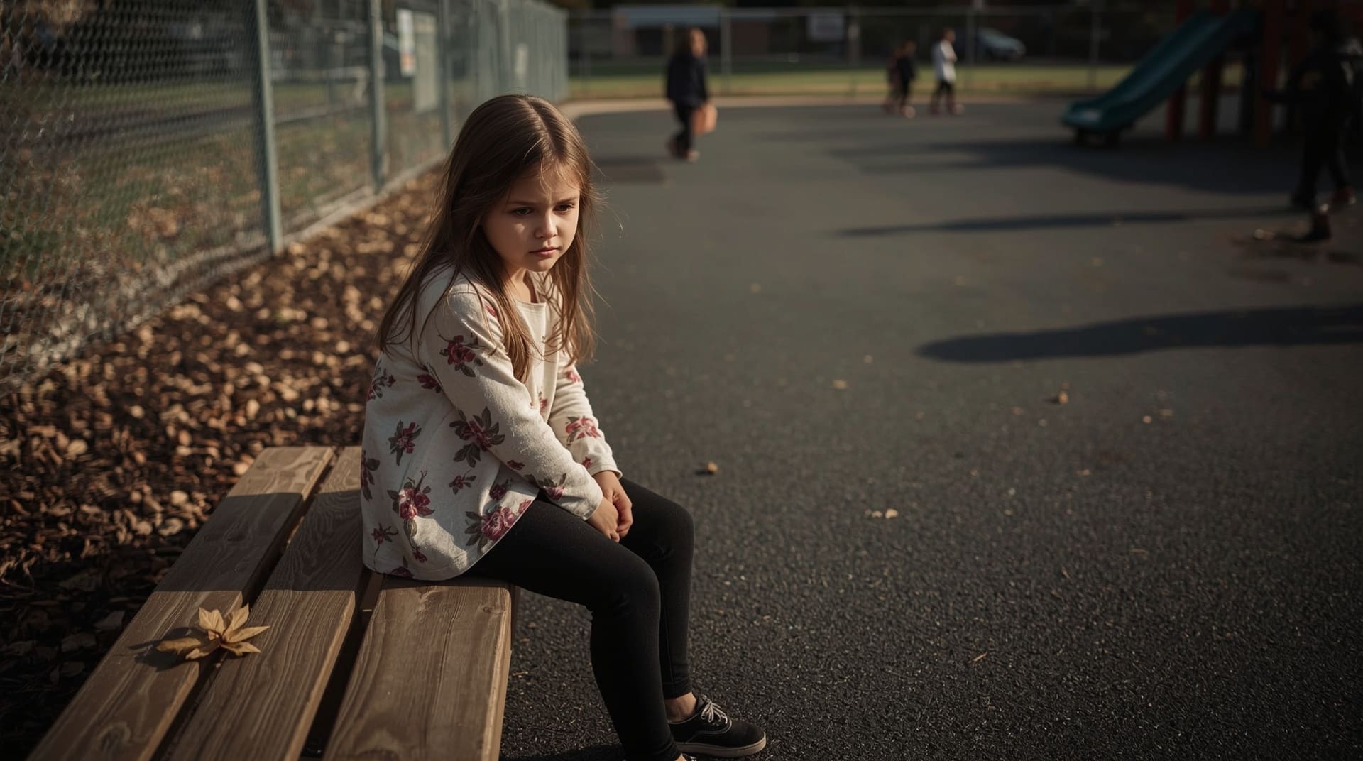Girl sitting alone on playground bench quietly observing peers from a distance